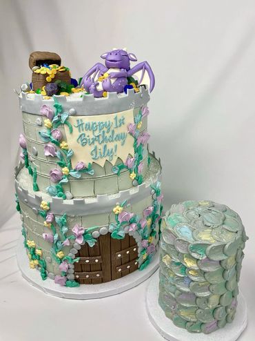 Fantasy 1st Birthday Cake w/ Castle, Dragon, and Treasure Box. Smash cake w/ dragon scales. 