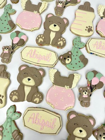 Baby Bear Themed Baby Showers Cookies with Boho Onesie, Bottle, and Teddy Bears.