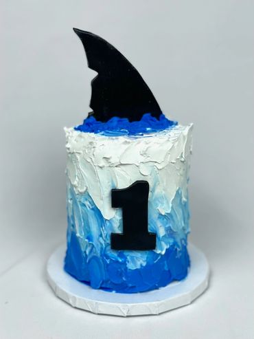 Shark Themed 1st Birthday Smash Cake with Edible Shark Fin Topper and Blue Ombre Design. 