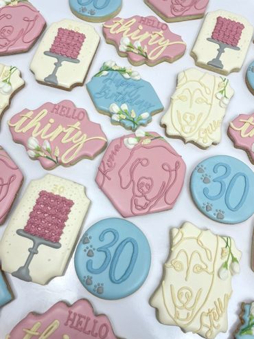 Elegant 30th Birthday Cookies for a Dog Lover, with silhouettes of their dogs and cake cookie.