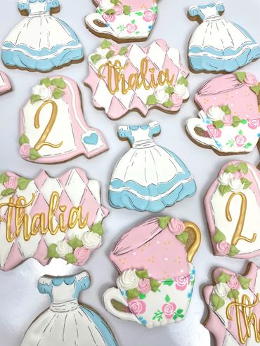 Wonderland Tea Party 2nd Birthday Cookies with Floral Tea Cups, Tea Bags, and Matching Dress