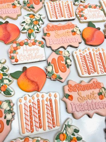 Sweet Sixteen Birthday Cookies with a Peach Theme. Orange and Peachy Candles, Peaches, and More.