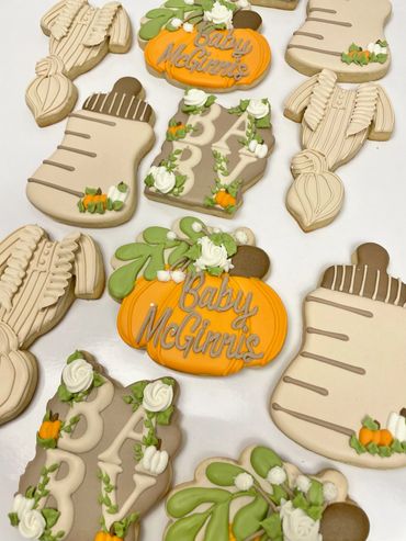 Fall Inspired Pumpkin Baby Shower Cookies with Boho Onesie, Bottle, Pumpkin and Florals. 
