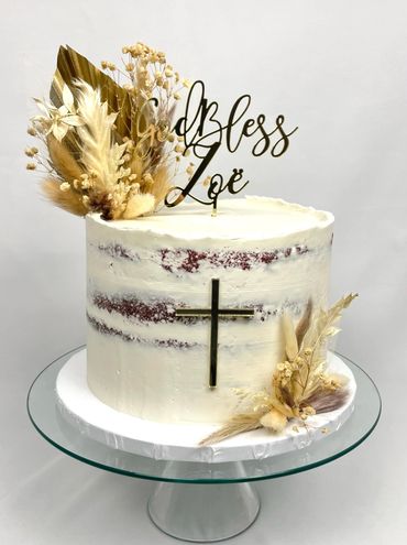 Boho Naked White Baptism Cake with Custom Gold Toppers and Pompas Accents