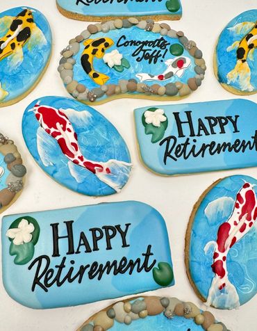 Retirement Cookies with Koi Fish Inspired Designs. Red, White, Yellow and Black Koi Fish with Pond.