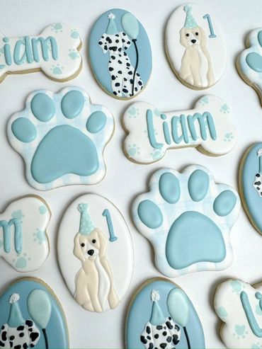Puppy Dog Themed Birthday Cookies with baby blues, whites, and gingham designs. Dogs with Balloons. 