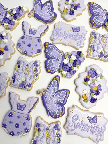 Elegant Lavender Baby Shower Cookies with Butterflies, Onesies, Initial and Name draped with florals