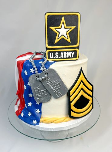 United States Army Retirement Cake with Rank Insignia, Army Logo, Dog Tags, and American Flag. 