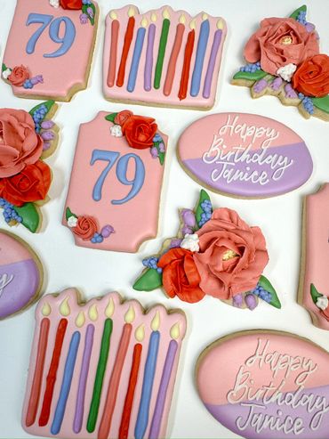 Elegant Spring Floral Birthday Cookies with Candles, Roses, Age, and "Happy Birthday" Design. 