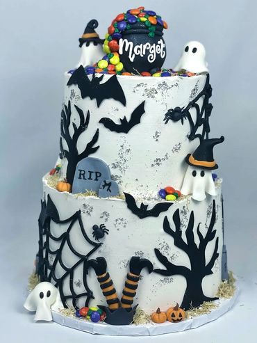 Halloween Birthday Cake with Handmade Fondant Decorations. Ghosts, Bats, Cauldron, and Pumpkins 