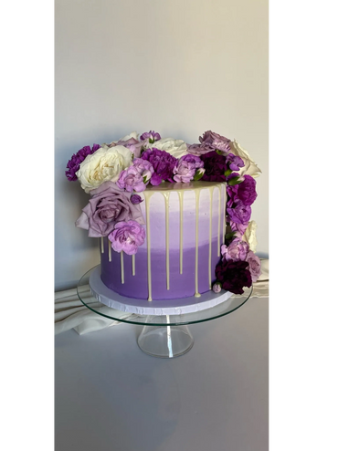 Purple Ombre Birthday Cake with White Drip and Real Flowers