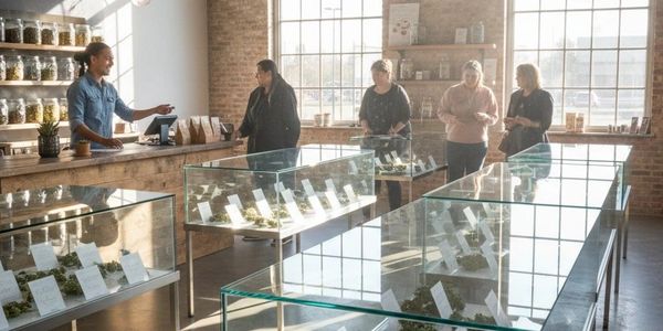 Bright cannabis dispensary with customers and display cases.