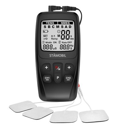 Digital TENS and NMES muscle stimulator with electrode pads.