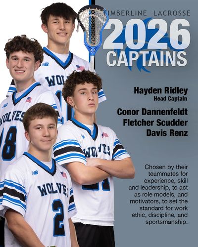 Four Timberline Lacrosse 2026 captains pose in their team jerseys.