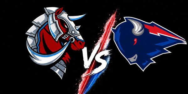 Knight and buffalo mascots facing off with a dynamic VS symbol.