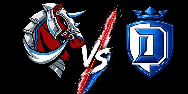 Stylized vs matchup graphic featuring a knight horse and a shield emblem.