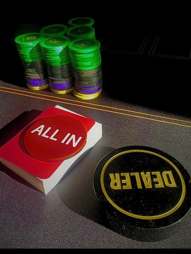 Poker chips, an 'ALL IN' card, and a dealer button on a table.