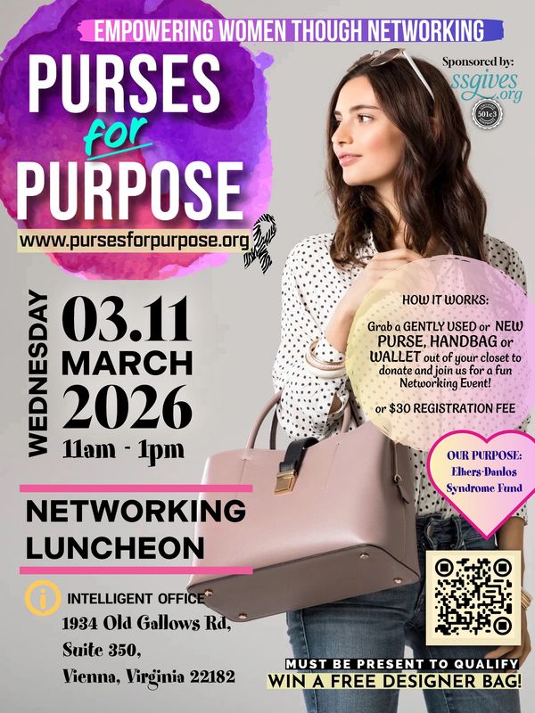 Networking luncheon event on March 11, 2026, to empower women through purse donations for Ehlers-Danlos Syndrome fund.