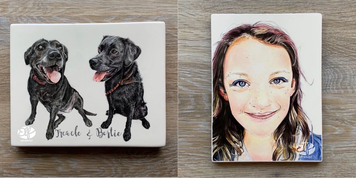 Commissioned portraits of two dogs and a girl with long brown hair hand painted glazed and fired 