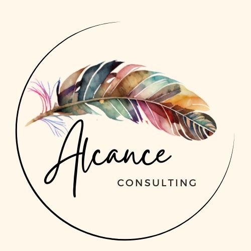 Elegant logo with a colorful feather and stylish text for Alcance Consulting.