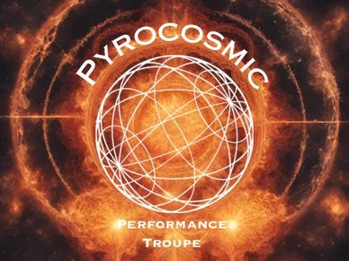 Fiery logo of Pyrocosmic Performance Troupe with glowing spherical design.