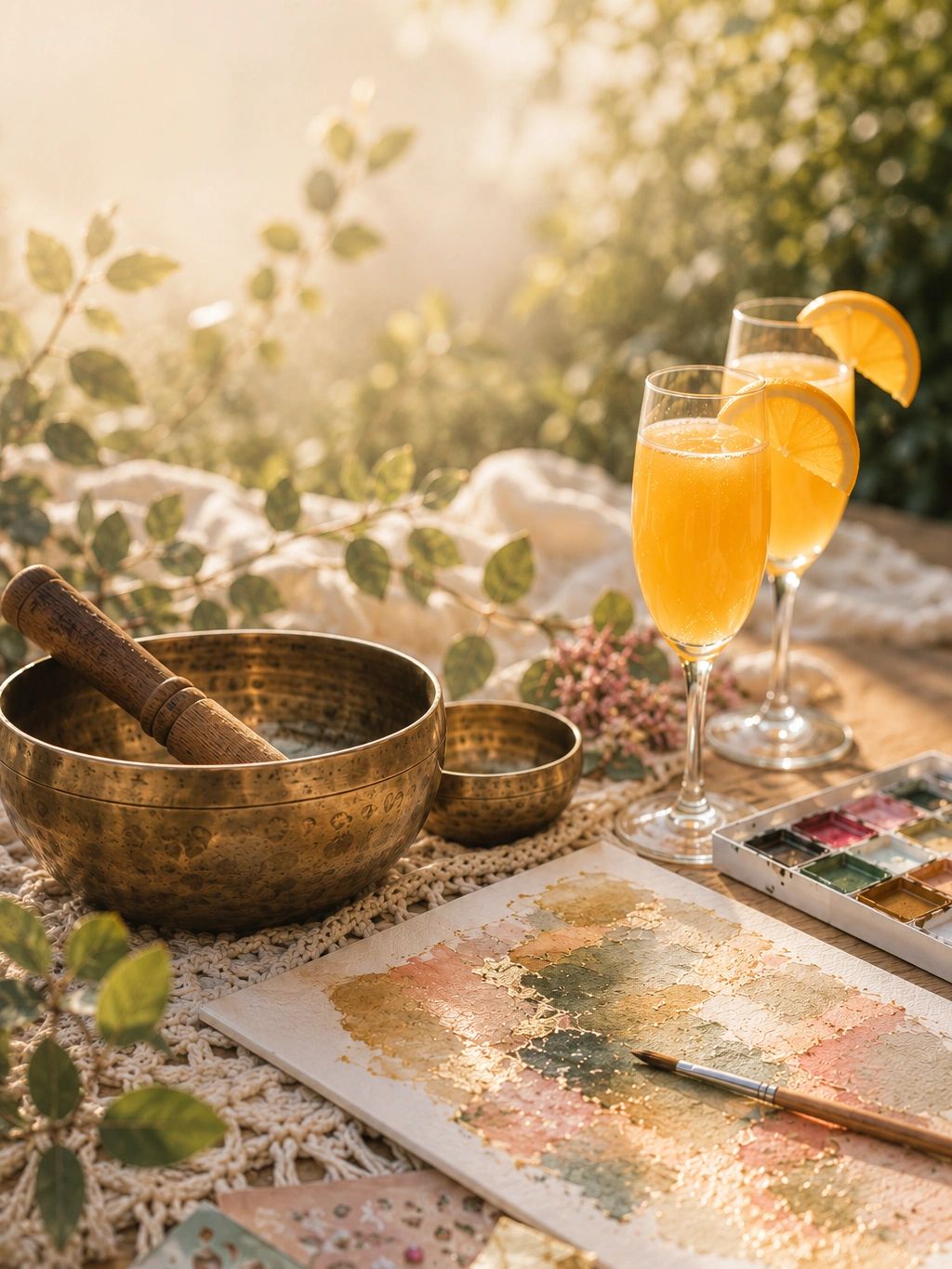 Artistic setup with watercolor painting, brass bowls, and two orange drinks in sunlight.