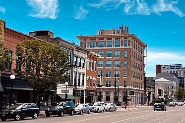 Downtown Iowa City looking South down S Clinton Street. Taken June 6, 2021