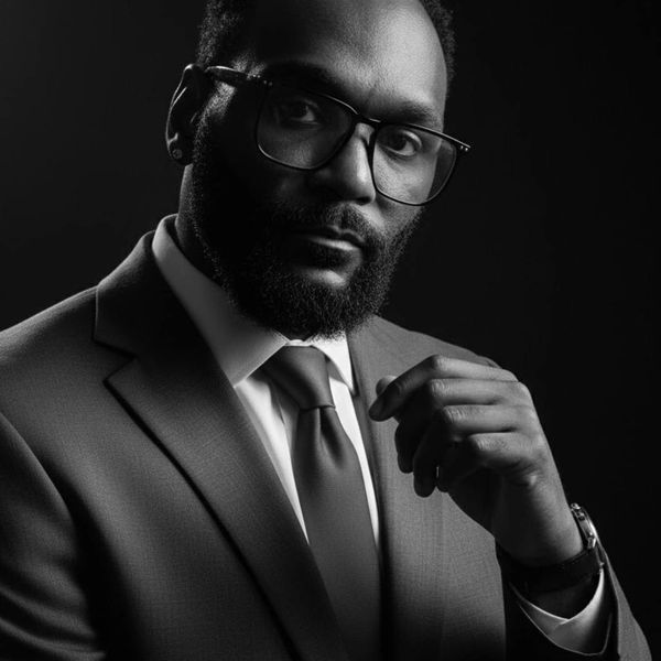 Black-and-white portrait of a confident man in a suit and glasses.
