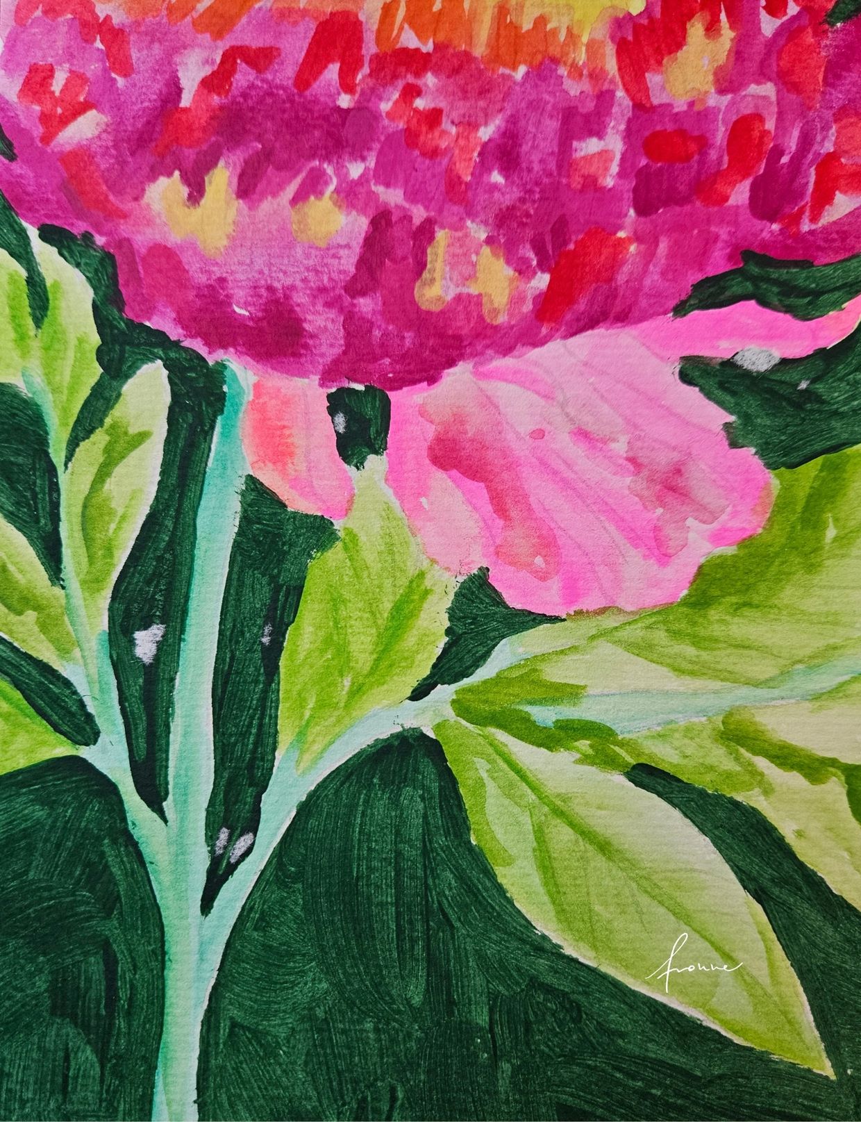 Ilustración de una flor rosa con hojas verdes.