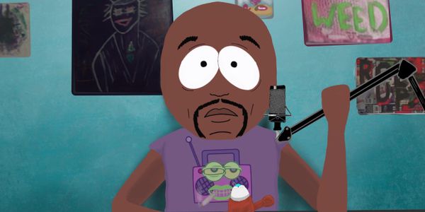 Animated character recording in front of a microphone with a colorful background.