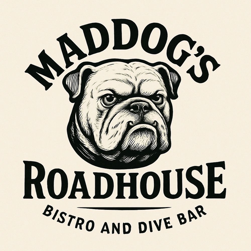 Logo of Maddog's Roadhouse featuring a bulldog illustration.
