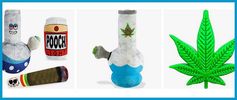 Novelty pet dog toys featuring cannabis leaf, stuff plush bong, joint, Pooch beer, and toy bong