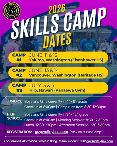 2026 Skills Camp dates and locations for volleyball players in Washington and Hawai'i.