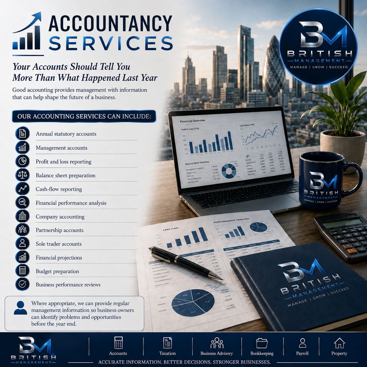 Accountancy services offered by British Management with detailed financial reports.