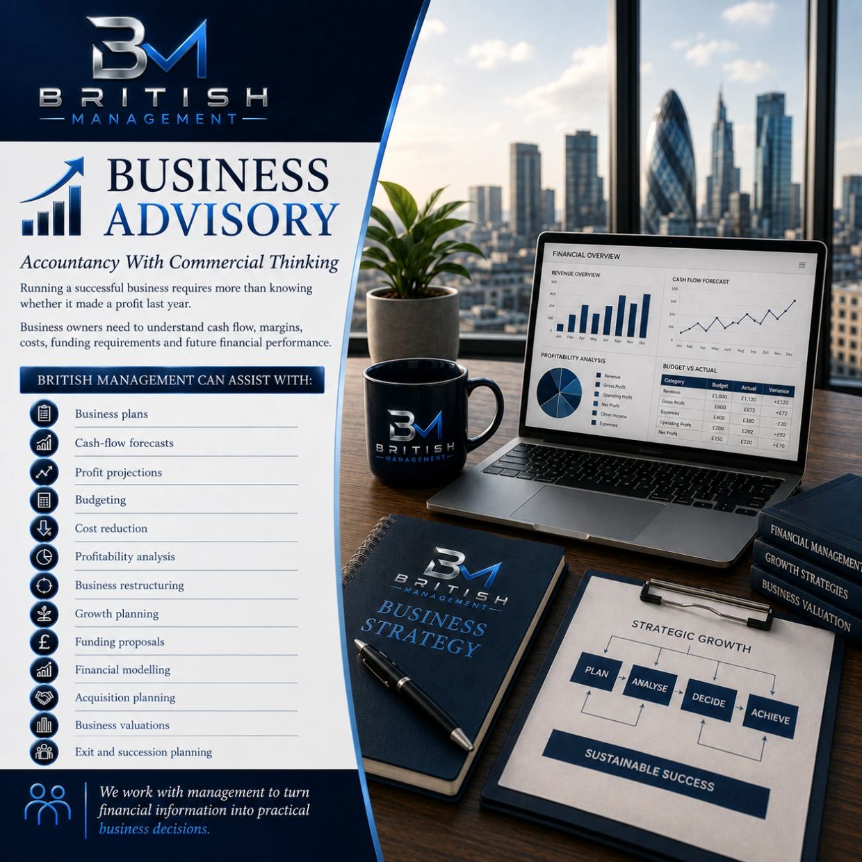 Business advisory services with financial planning and strategy support.