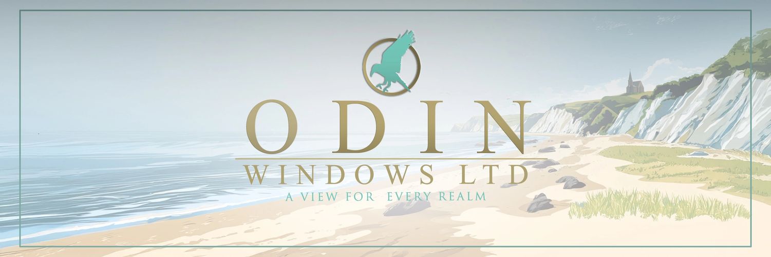 Logo of Odin Windows Ltd with a coastal background and slogan.