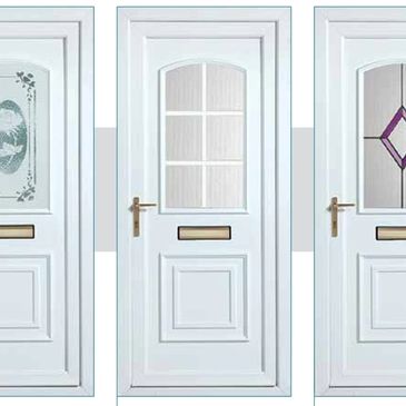 Three white UPVC doors with different decorative glass panels and mail slots.