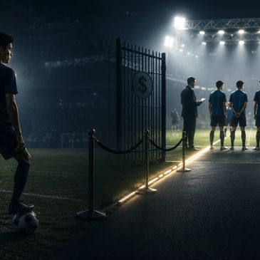 Soccer player hesitates at a gate marked with a dollar sign before a well-lit field and team.