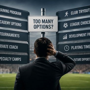 A man faces many sports-related decision signs, pondering choices.