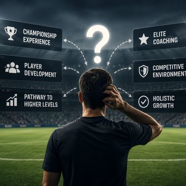 Person contemplates soccer career choices with development, coaching, and growth options.