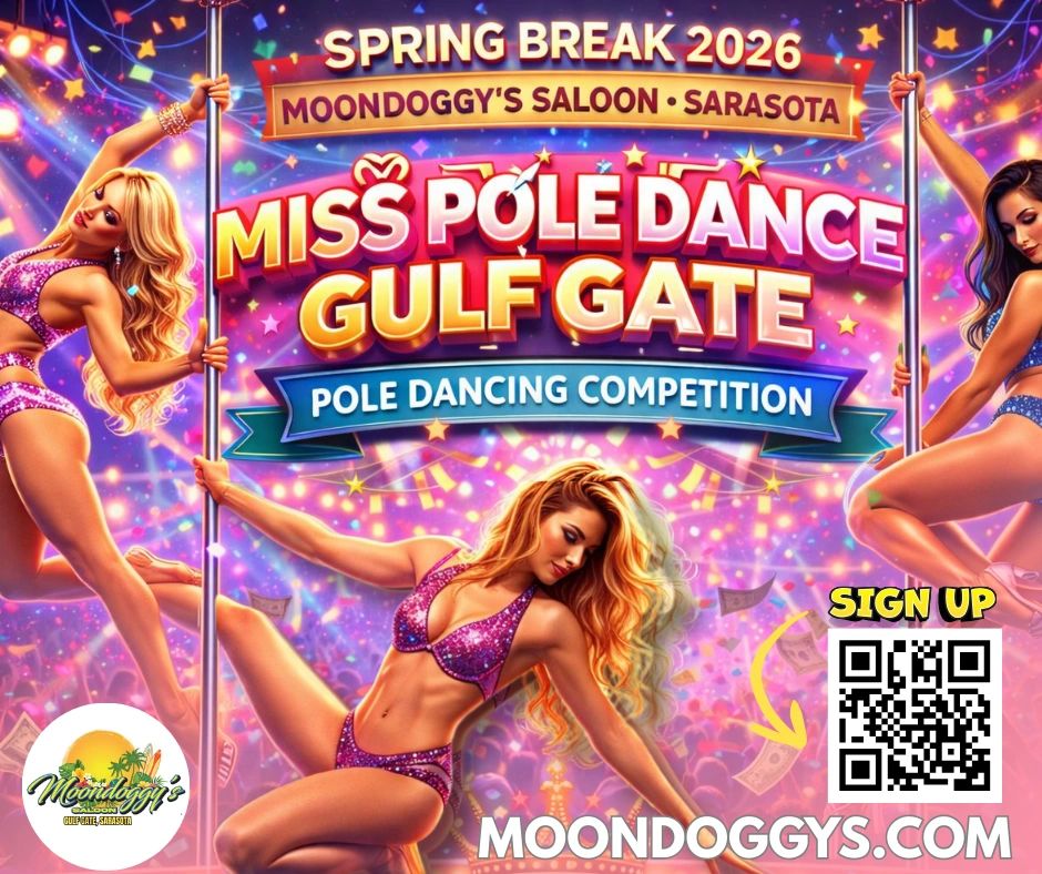 Colorful poster for Miss Pole Dance Gulf Gate 2026 at Moondoggy's Saloon in Sarasota.