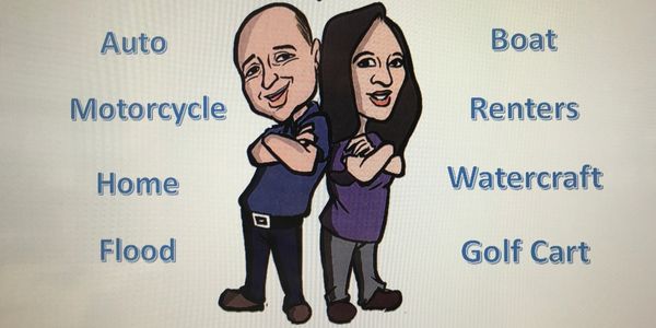 Cartoon of two people promoting BCE, Inc. insurance services.