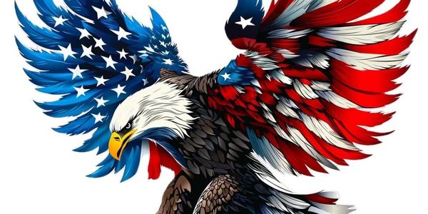 Illustration of a bald eagle with wings painted like the American flag.