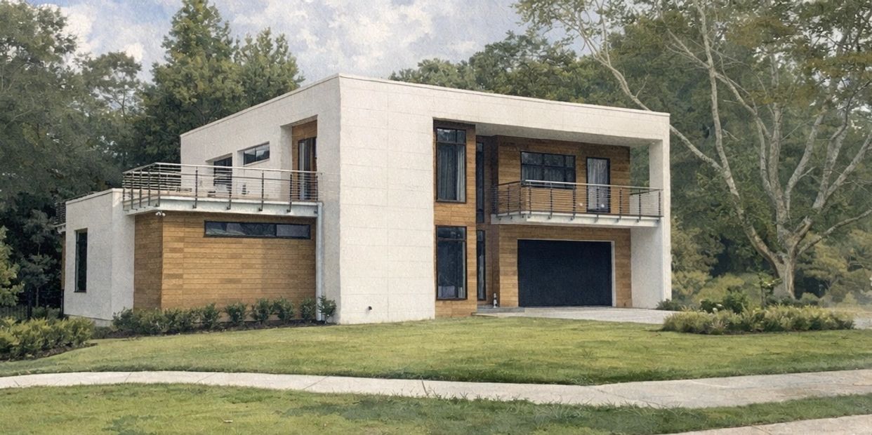 Modern two-story house with wood and white exterior surrounded by greenery.