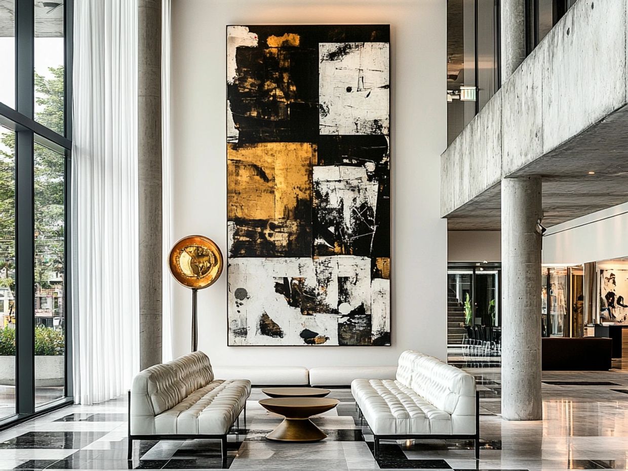 Modern lobby with black, white, and gold art, two white sofas, and a stylish floor lamp.