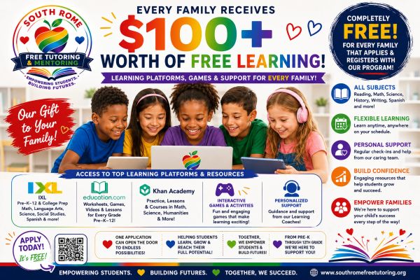Advertisement for free tutoring and mentoring from South Rome Free Tutoring &amp; Mentoring.
