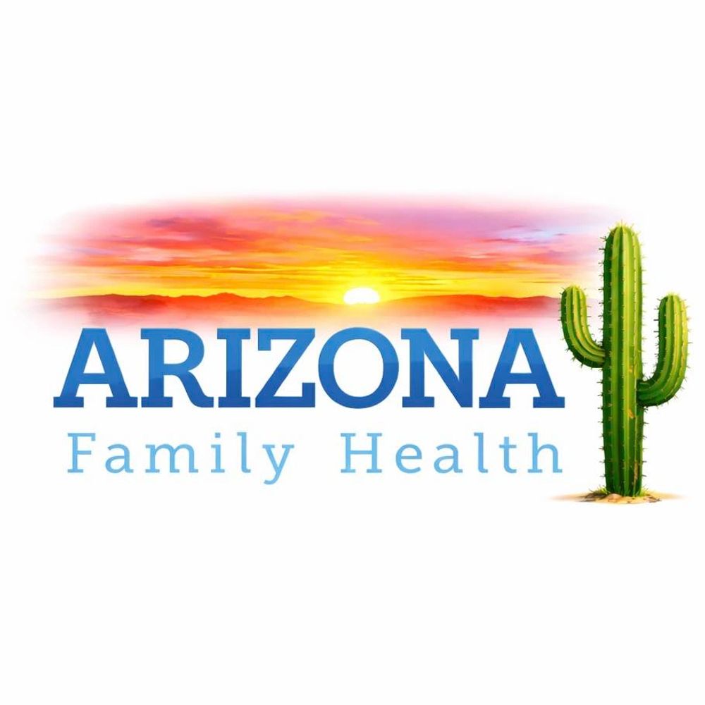 Arizona Family Health logo with a cactus and sunset background.