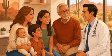 A doctor warmly talks with a multigenerational family in a cozy home setting.