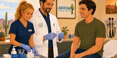Doctor and nurse preparing a young man for a medical procedure at Arizona Family Health.