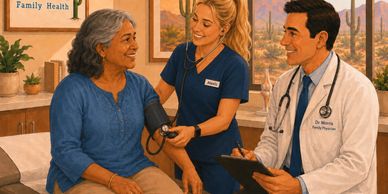 A nurse checks an older woman's blood pressure while a doctor observes with a clipboard.